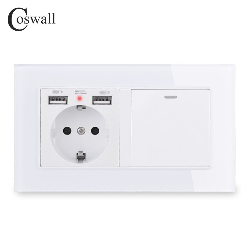 Coswall eu rusland spanien stikkontakt med 2 usb opladningsport  + 1 gang 1 vej til / fra rocker lysafbryder glaspanel sort hvid: Hvid