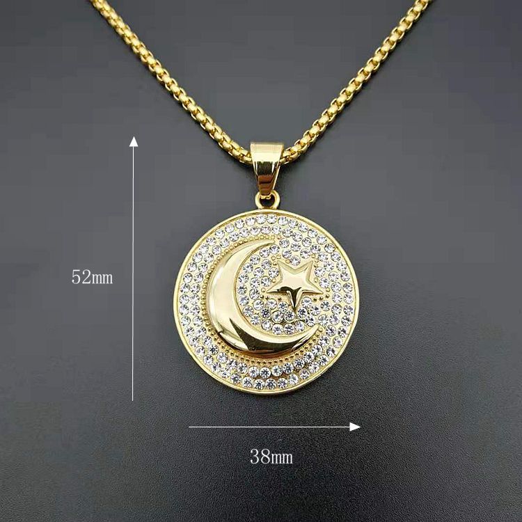 Hip Hop Iced Out Round Allah Pendant Necklace Stainless Steel Islam Muslim Arabic Gold Color Prayer Jewelry: XL1678 / 68cm