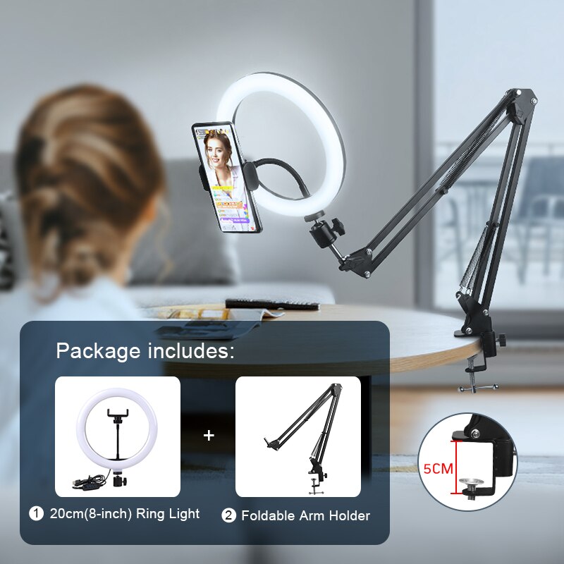 Éclairage Ring Light à Led avec trépied et Support Mobile, éclairage annulaire pour photographie et diffusion vidéo en direct: 20cm light arm stand