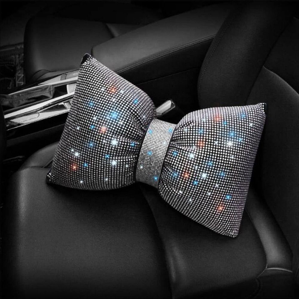 Rhinestone Crystal Bow Car Headrest Bling Neck Rest Crystal Bowknot Car Neck Pillow Ergonomic Multifunctional: black