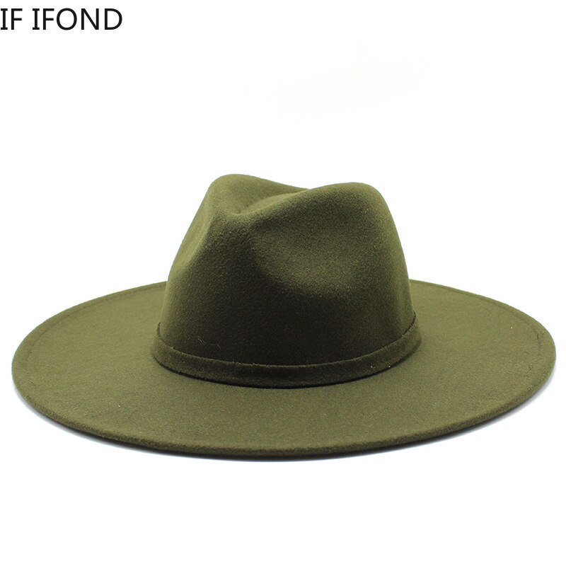 9.5CM Women Men Big Wide Brim Wool Fedora Hat British Style Winter Gentleman Lady Jazz Church Hats