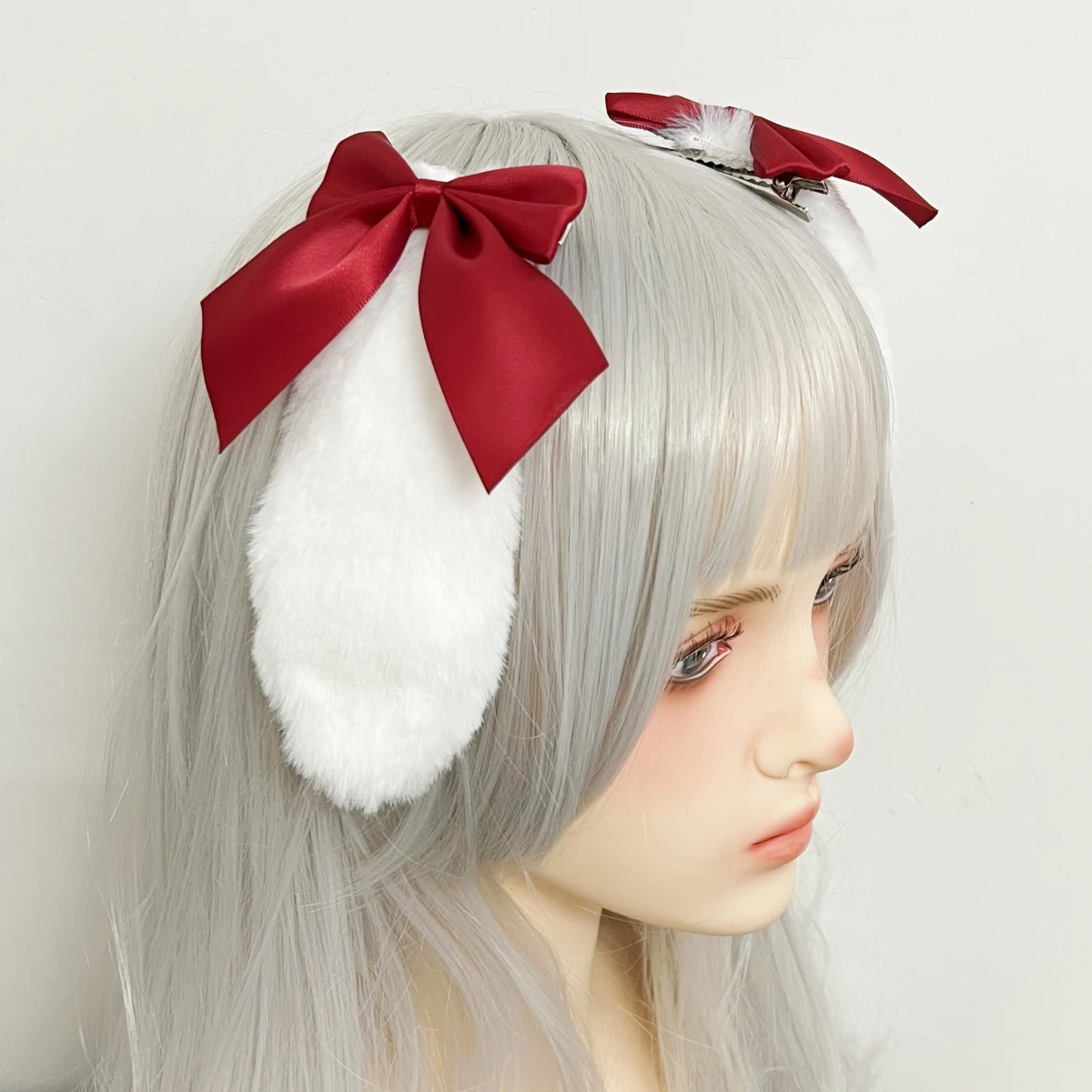 Lolita Cosplay Rabbit Bunny Plush Lop Ears Kawaii Women Girls Hair Clip Cute Hairpin Ribbon Bowknot Hair Accessories: Beige