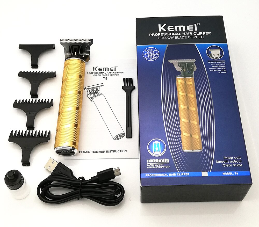 Kemei T9 Pro Li T-Outliner Skeleton Heavy Hitter Cordless Trimmer Men 0mm Baldheaded Hair Clipper Finish Hair Cutting Machine: gold With box