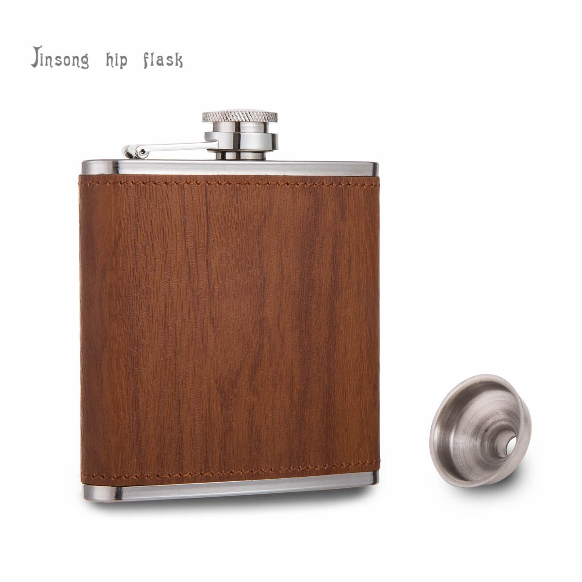 1 piezas de cuero de madera 6 oz Petaca personalizada de acero inoxidable con embudo