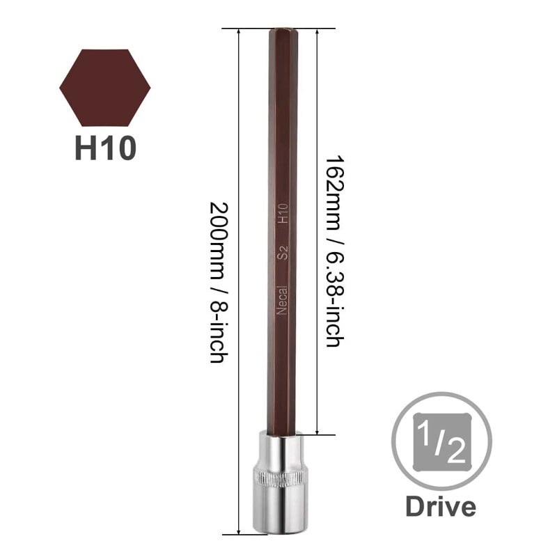 1/2" Drive x 4mm 5mm 6mm 8mm 10mm 12mm 14mm Hex Bit Socket, 200mm Long Metric, S2 &amp; Cr-V Steel: 200LxH10