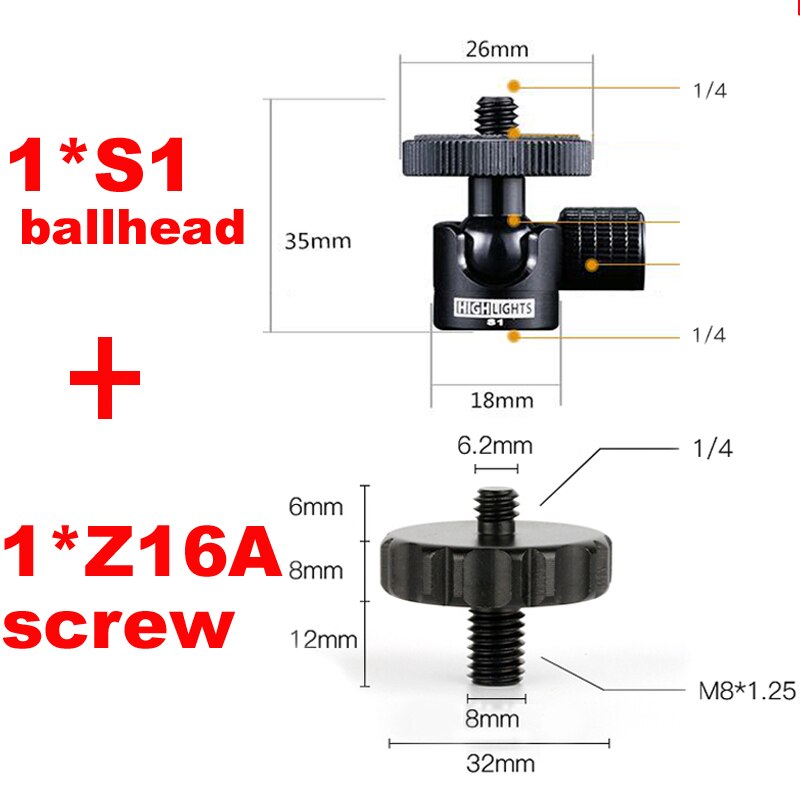 1/4 to 3/8 schroef snelspanadapter montage basis statief centrale as centrale buis lagerplaat en kogelkop verbinden monopod: 1 s1 balhoofd 1 z16a