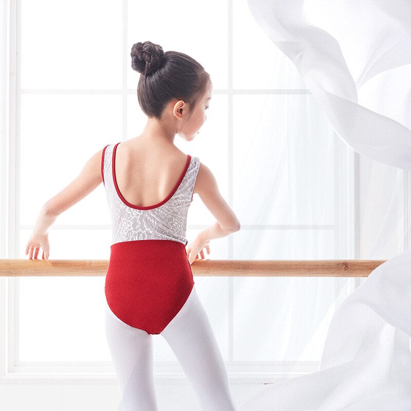 Balett trikå tjejer barn dans gymnastik trikå ballerina dans dräkt röd spets skarv danskläder badkläder baddräkt för tjej