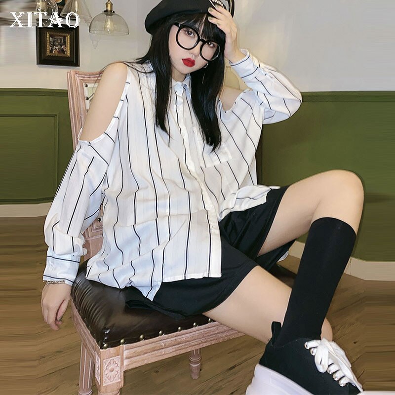Xitao uregelmæssig off shoulder top stribet bluse dame tøj sommer løs afslappet turn down krave top  zp1272