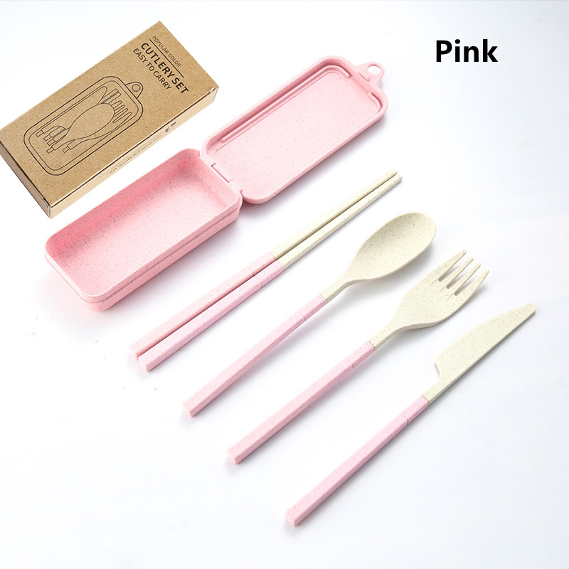 4PCS Wheat Straw Dinnerware Set Portable Tableware Knife Fork Spoon Chopsticks Set Travel Cutlery Set Eco-Friendly Utensil Box: Light Pink