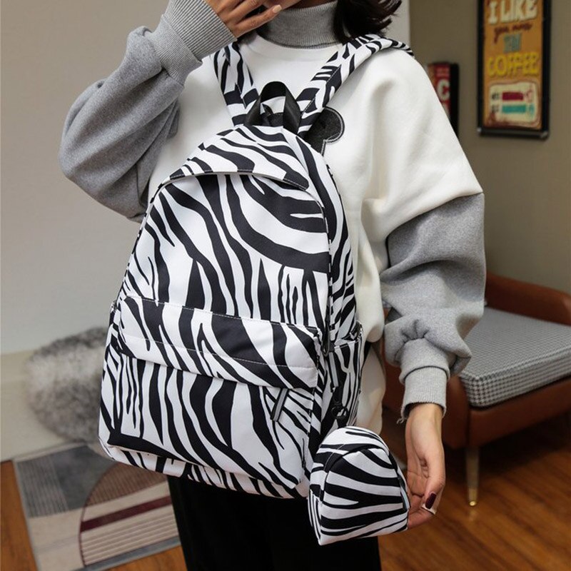 2PCS Nylon Backpack Women Zebra Pattern Daypack Laptop Bag Travel Shoulder bag Large Capacity Outdoor Student School Bag