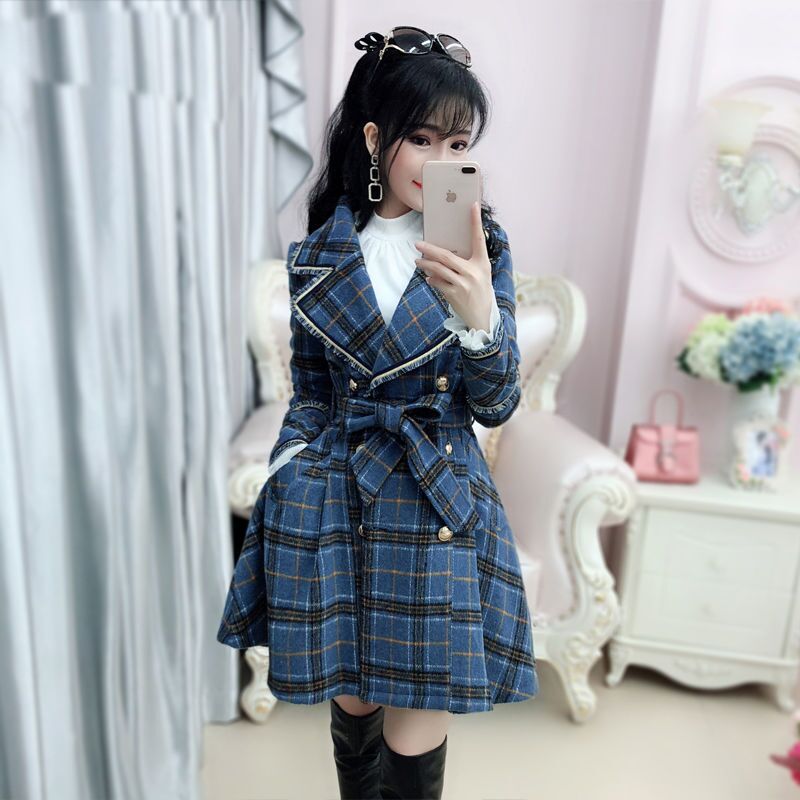 Gabardina para mujer, gabardina azul a cuadros, abrigo de medio largo lana británico, Invierno , rompevientos para mujer