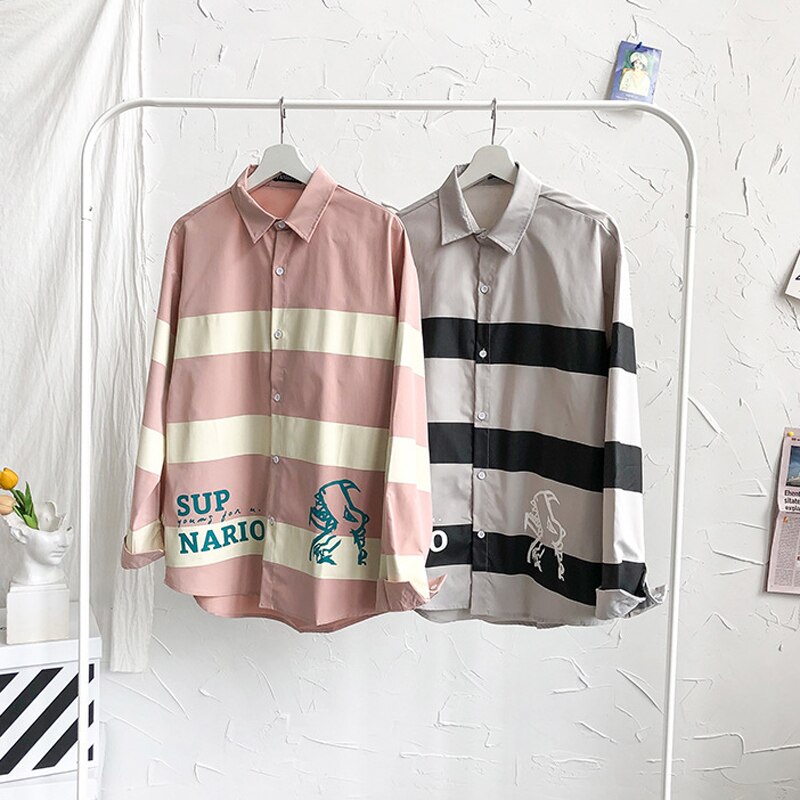 Casual skjorter herre pink langærmet stribet bluse stor størrelse herreskjorte vintagetøj streetwear baggy koreansk stil tøj