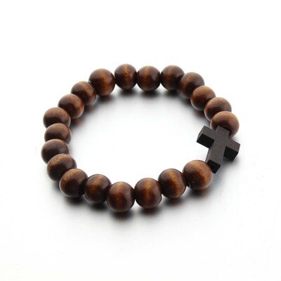 Retro træ brun kort kors vedhæng træ perler halskæder til mænd kvinde rosenkrans træ perle betaler religiøse smykker: Armbånd -1