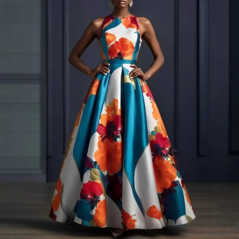 Vestidos sexis sin mangas con dobladillo, vestido de noche para mujer con estampado de flores, vestido largo de cintura alta, Vestidos largos bohemios con cuello redondo para primavera y verano