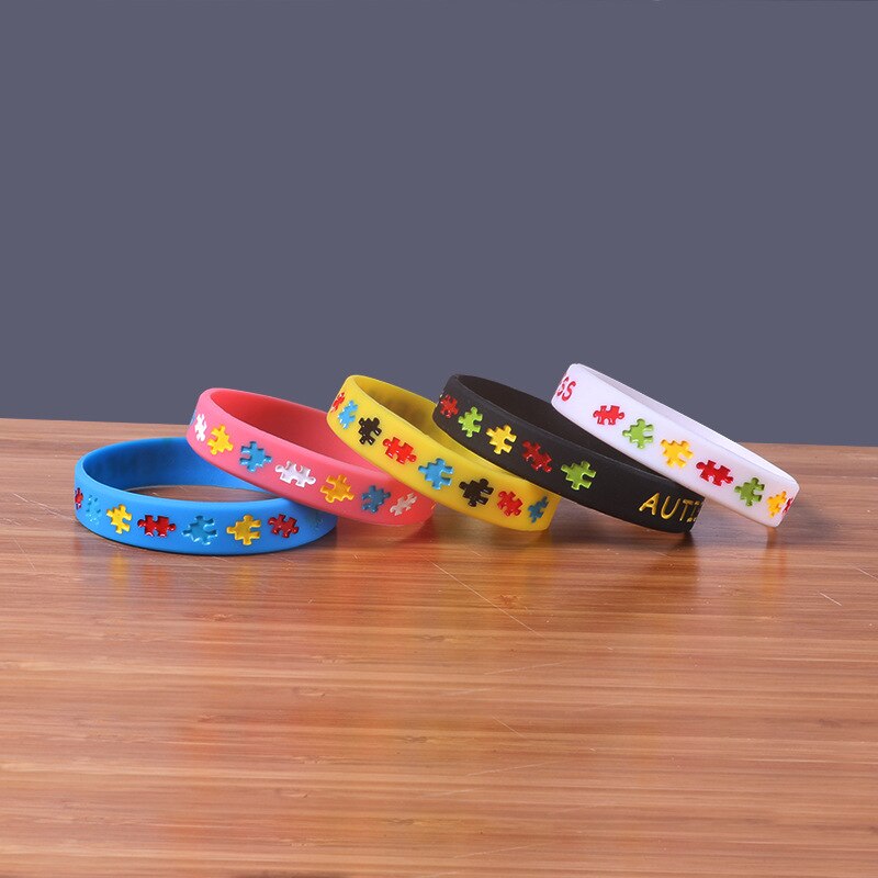 PBR156(1),Pink/Black/Yellow/White/Blue Puzzle Pieces Ribbon Autism Awareness Wristband Silicone Rubber Bracelet