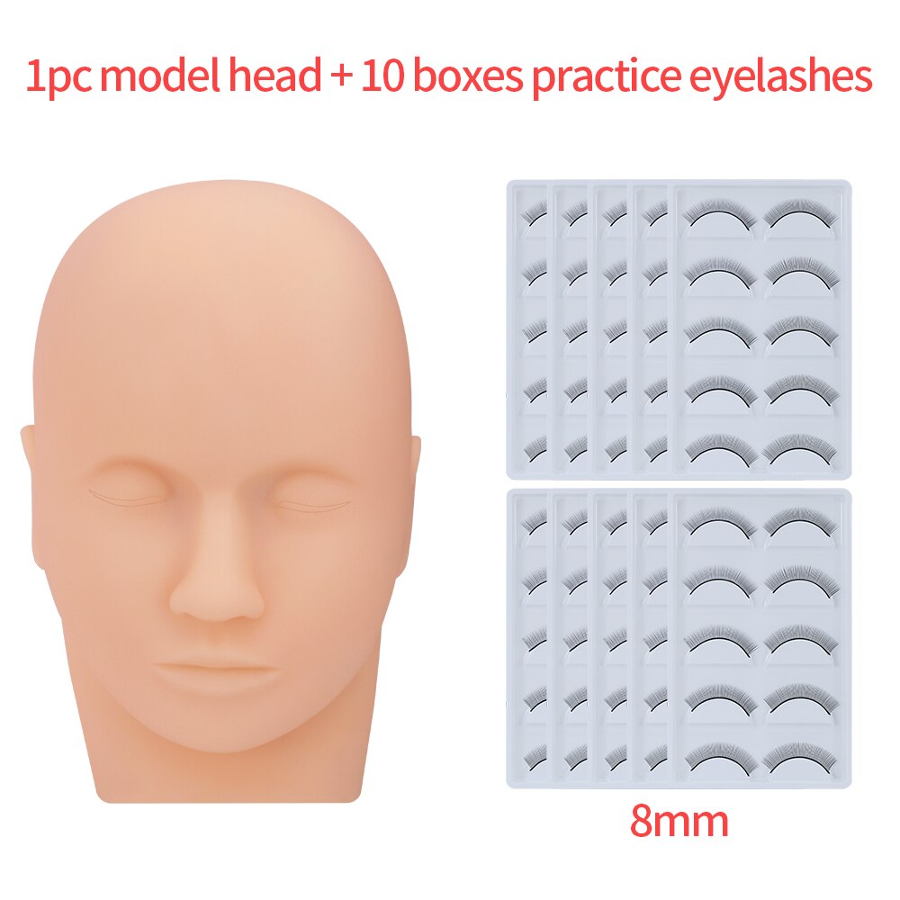 Práctica de pestañas postizas, maniquí de entrenamiento, cabeza plana, práctica de maquillaje, extensiones de pestañas: 1 Pc 10 Boxes 8mm