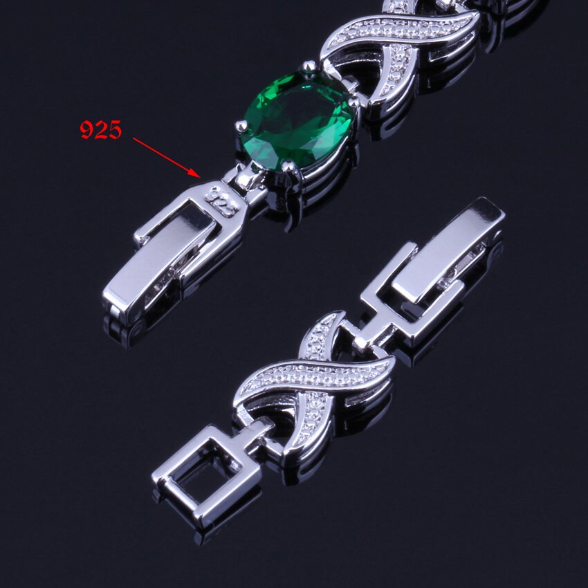 Pulsera de cadena de eslabones de Plata de Ley 925 de circonita cúbica verde ovalada alegre 20 cm 22 cm para mujer V0048