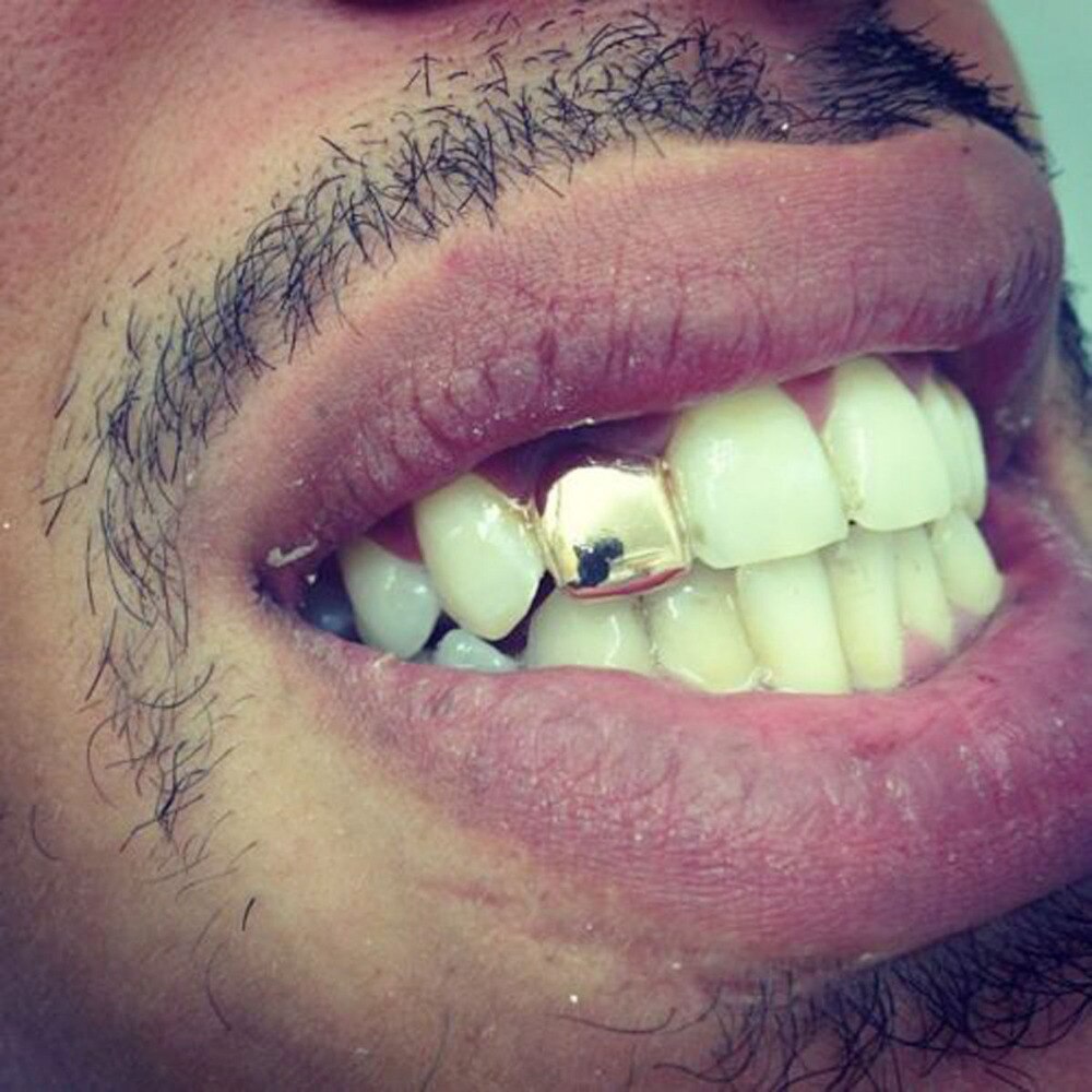 Guldpläterad hip hop enkel tand grillz lock topp & botten grill för halloween kroppsmycken bling anpassade tänder strass