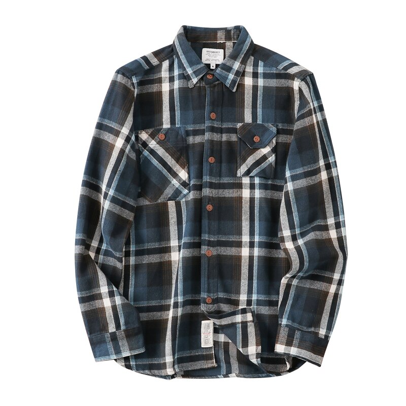 Unisex Long Spring Autumn Plaid Blue Brushed Flannel Shirt Jackets for Men Vintage Thick Urban Street Wear: Blue / M