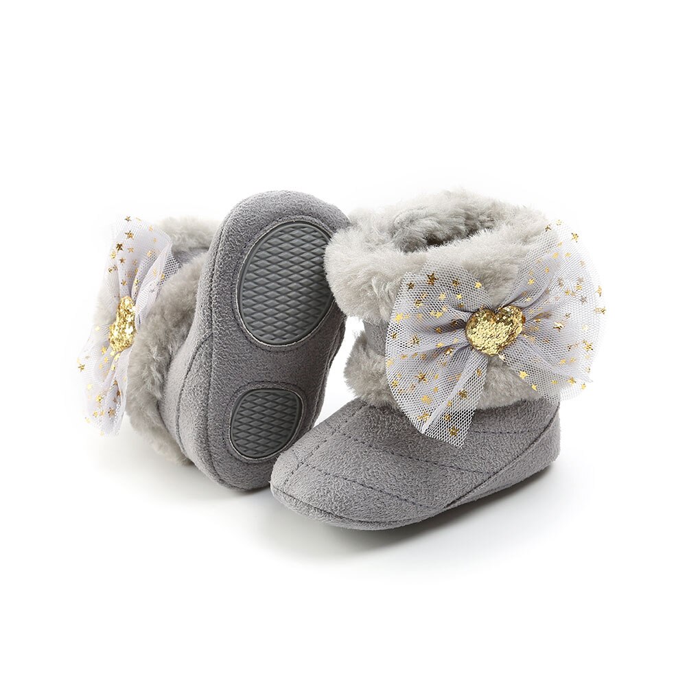 Sneeuwlaarzen voor babymeisjes, zachte zool, antislip, comfortabele voering van imitatiebont, enkellaarsjes met schattige strik van tule