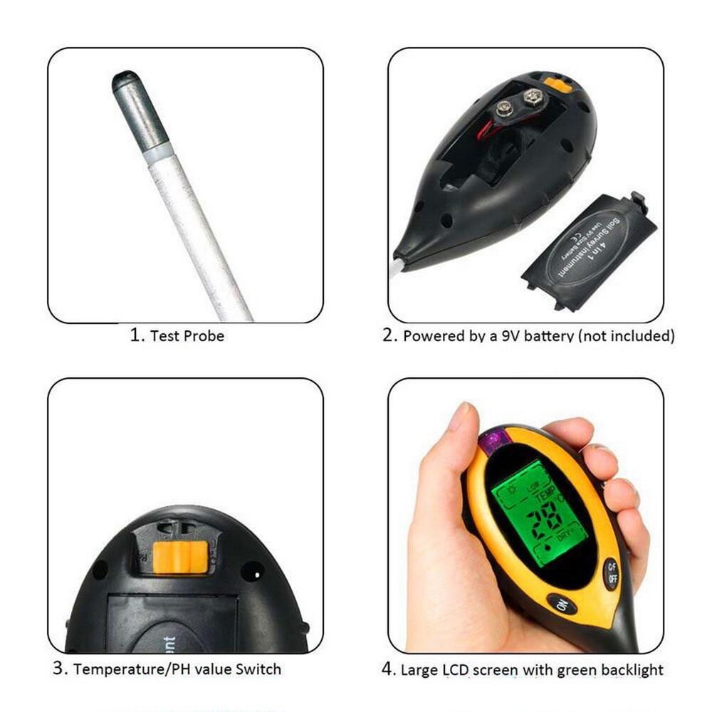 Jord ph meter jord tester ph fugtighedsmåler temperatur sollysintensitet måling analyse surhedsgrad alkali 4 in 1 digital