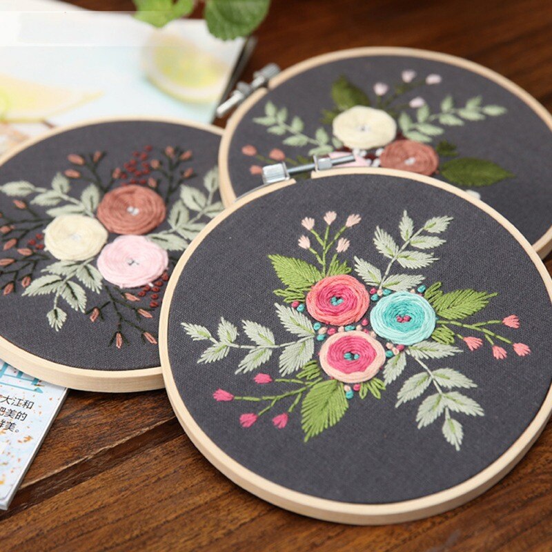 European Simple Plant Flower Embroidery DIY Material Package Handmade Beginner Kit(Including Bamboo Embroidery)