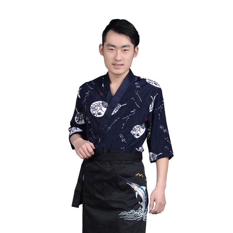 Unisex Japanese Style Food Service Sushi Chef Jacket Kitchen Work Wear Uniform Print Cook Tops Oblique Collar Breathable Kimono