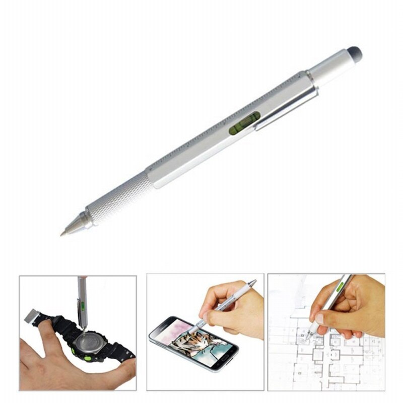 Stijlvolle Metalen Ingesloten Multi-Tool Pen Multifunctionele Touch Screen Stylus Pen Met Waterpas Heerser Schroevendraaier