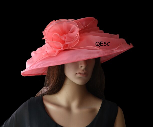 4 farger rosa brede rand organza hatter kirke brudehue til bryllup damehatt, løp.: Rosa
