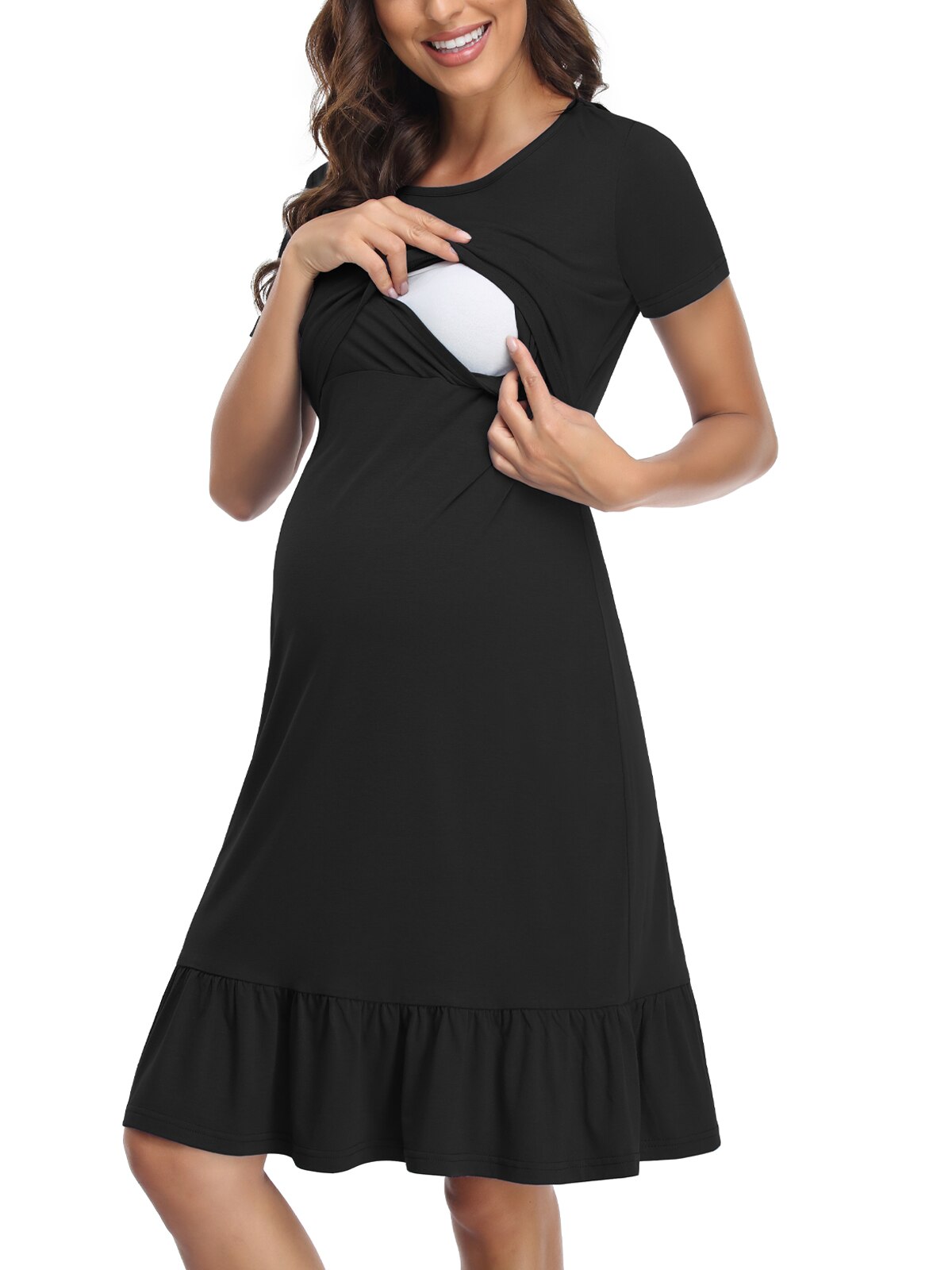 Liu &Ampere; Qu frauen Mutterschaft Kleider lässig Kurzarm Pflege Salon Kleid Sommer verlieren Kurze Rüsche Gefaltete Schwangere Kleid: Schwarz / XL