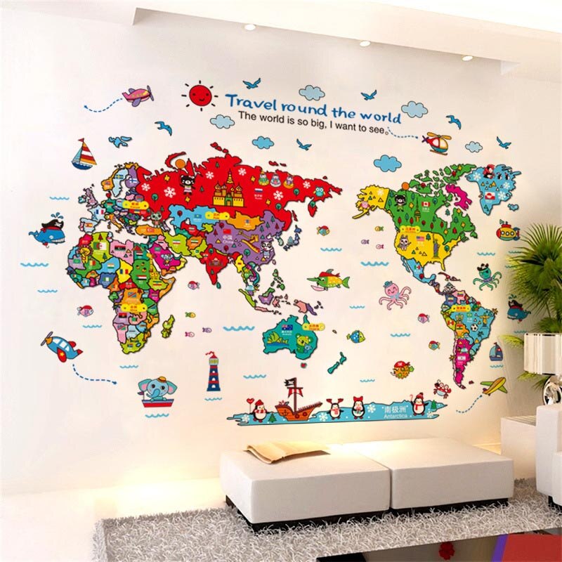 Cartoon world travel map wall sticker PVC material DIY wall decals For Living room sofa background kids room wall decor stickers: Default Title