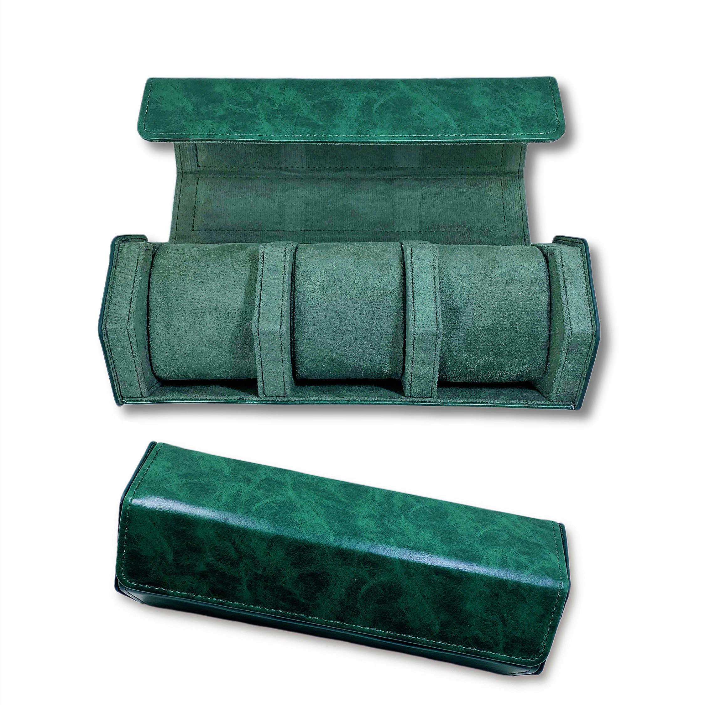Caja de reloj para hombre, rollo de reloj con 3 ranuras, organizador de almacenamiento y exhibición, accesorio hecho a mano, caja redonda de joyería portátil,: NO LOGO GREEN