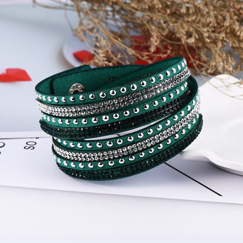 HOCOLE-Pulseras de cuero con abalorios de cristal para mujer, pulsera de diamantes de imitación multicapa, joyería femenina, de boda: Deep Green Bracelet