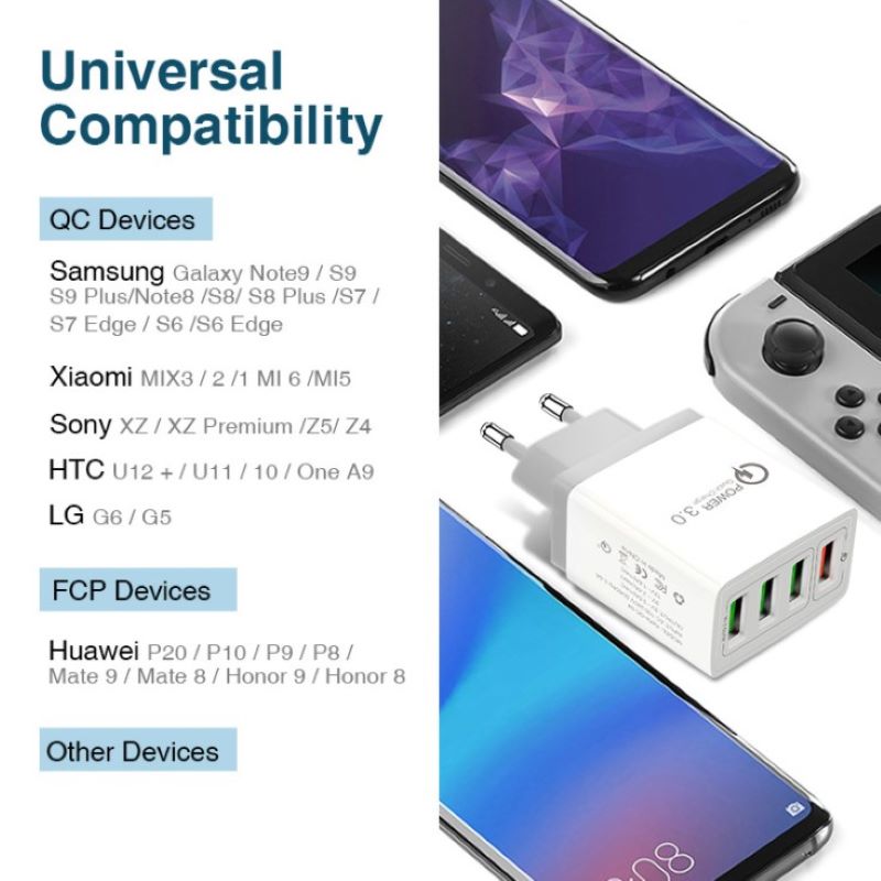 Qc3.0 travel fast charger 4usb multi-port universal charging head for European and American mobile phones