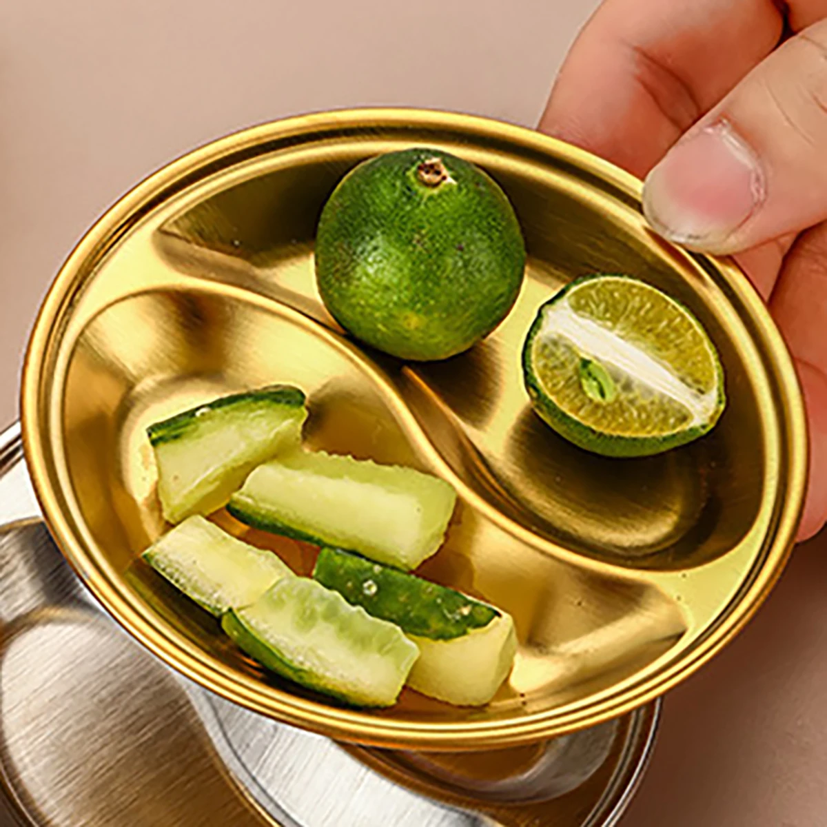 2pcs/set Korean Style Barbecue Dipping Dish Stainless Steel Circular Grid Plate Thickened Golden Sauce Dish Snack Plate