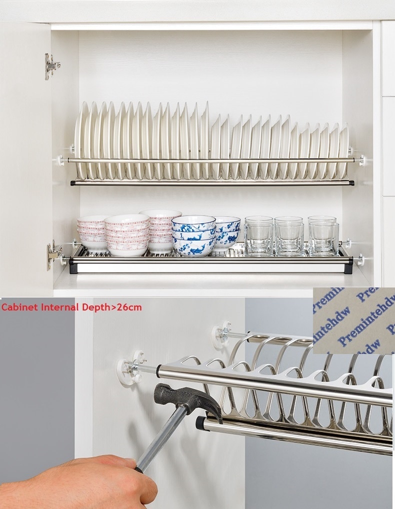 Étagère de rangement en acier inoxydable de 49-73cm, 2 niveaux, placard à l'intérieur de l'assiette, vaisselle, support de séchage, organisateur à bouton