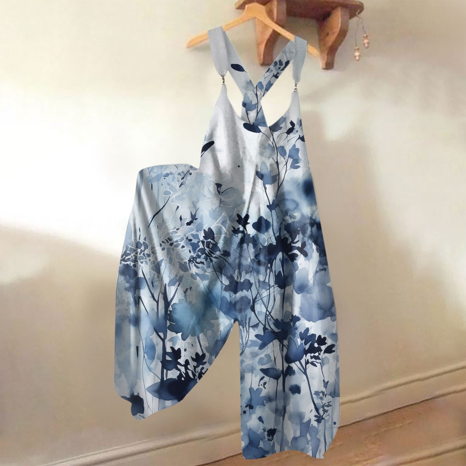 Brede overalls til kvinder, afslappet, løse ærmeløse jumpsuits med retroprint, metalknapper, lange bukser med lommer: L / Blå