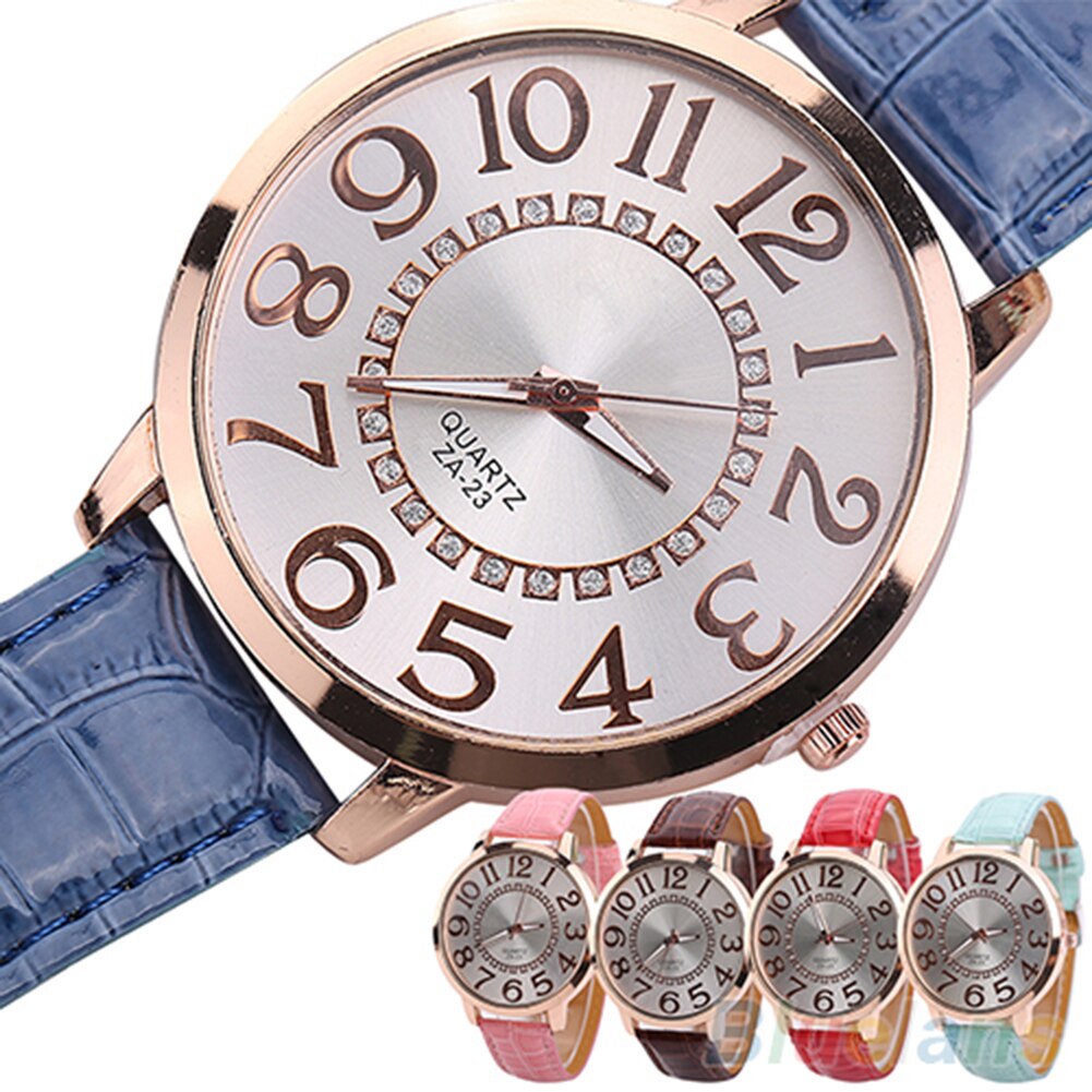 7 farver mænd kvinder store arabiske tal rhinestone indlagt kunstlæder rundt kvarts analogt armbåndsur ægte ingen vandtæt ！！