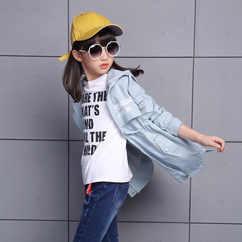 Teenager Spring Autumn Girls Trench Coat Hooded Jacket Long Cardigan Kids School Clothing Casual Outwear 3-14 Age: 01 / 4