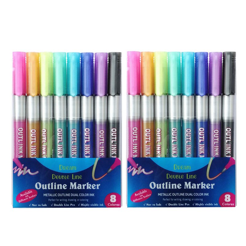 12 Color Metal Paint Marker Pen set Double Line Pen Outline Marker Glitter for Drawing Painting Doodling School Supplies: 2 set 8 Colors