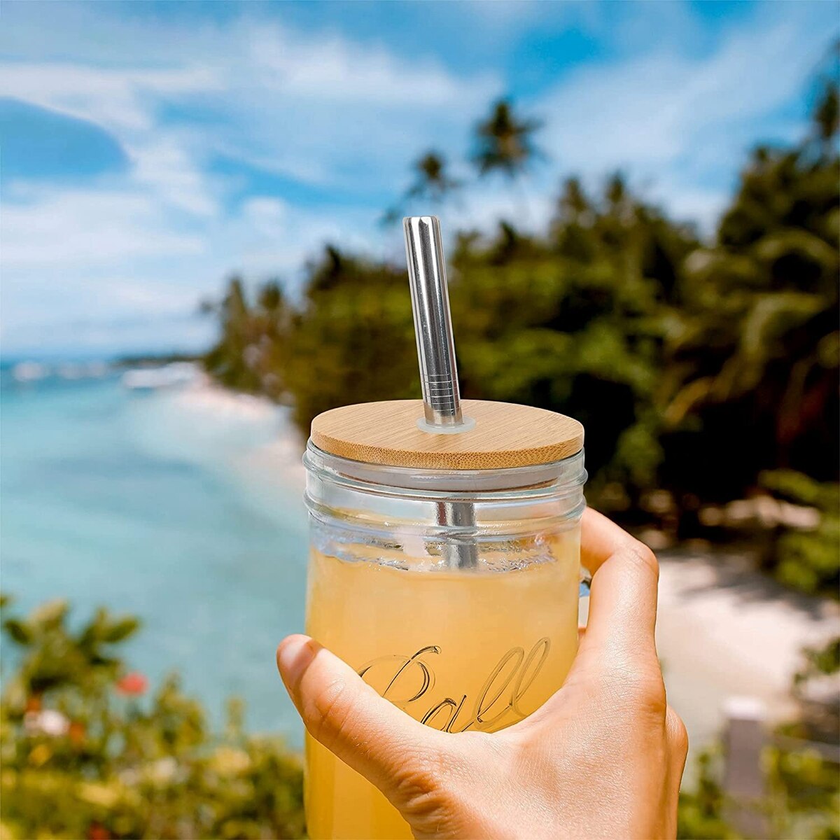 Lot de 2 pots de maçon en verre avec paille, verre réutilisable avec couvercle en bambou, pot de maçon à large bouche pour Boba Bubble Tea