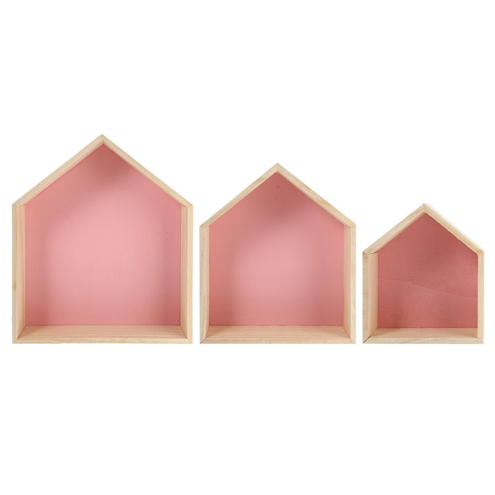 3pcs Wall Mount Household Storage Rack House Shape Wooden Display Shelf: Pink