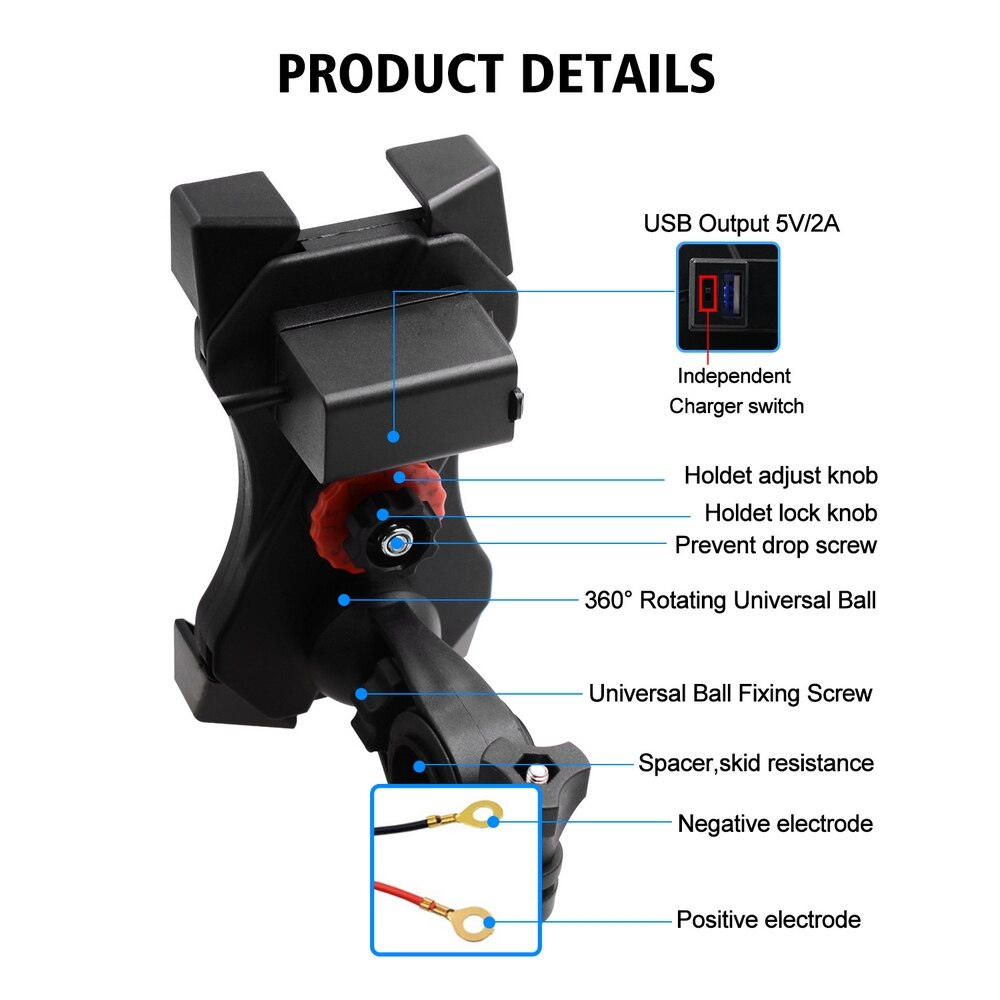 One-click second lock motorcycle car mobile phone USB charging stand and suitable for a variety of motorcycle models.