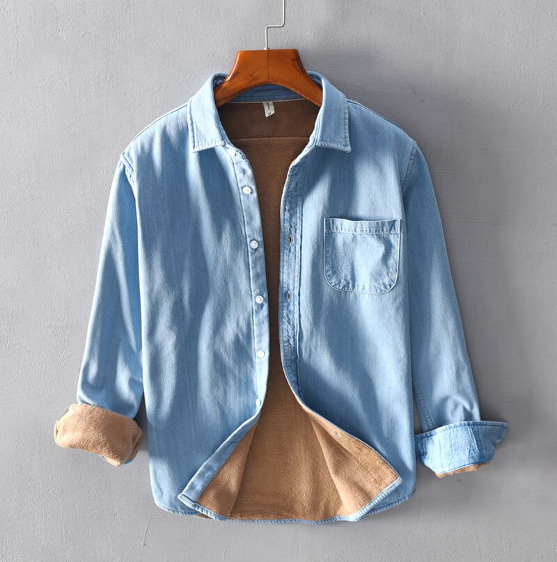 Winter Mens Distressed vintage long sleeve denim shirts fleece thick Mens lapel shirts male warm denim clothing