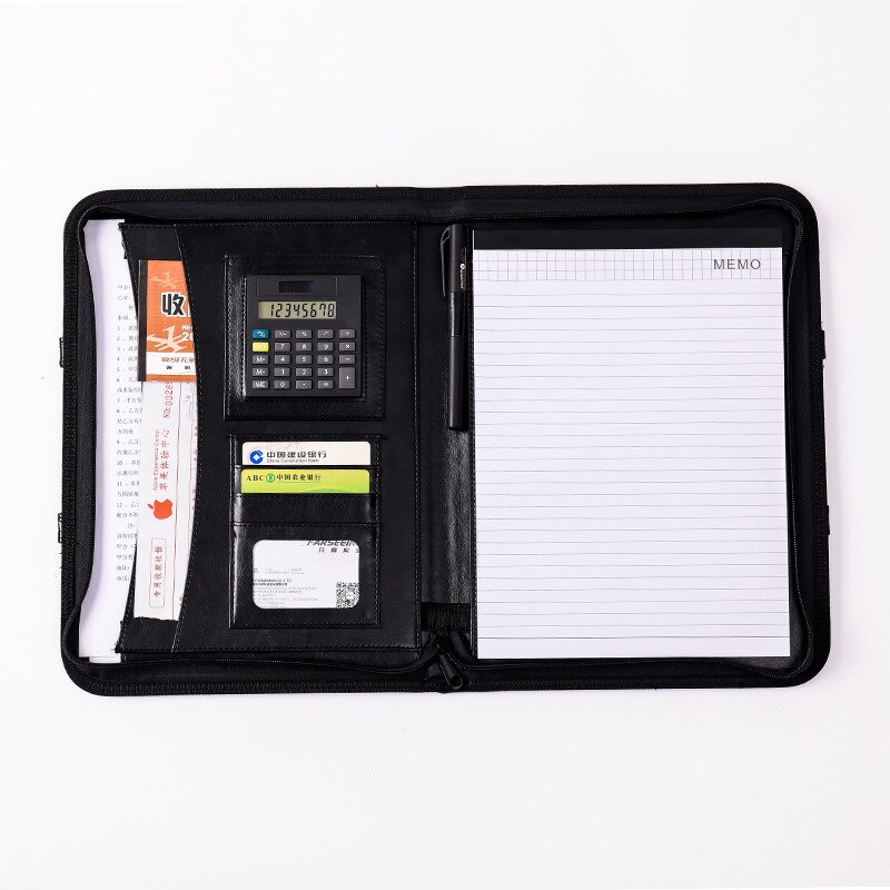 PU Leather A4 File Folder with Calculator Briefcase Bag Handle Zipper Padfolio Business Office Manager Document Pouch Stationery