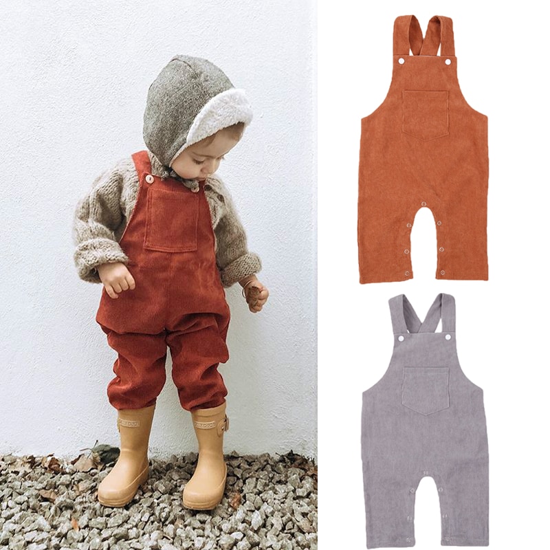 FOCUSNORM Autumn Baby Girls Boys Overalls Rompers Solid Pocket Sleeveless Button Straight Pants 2 Colors 0-24M