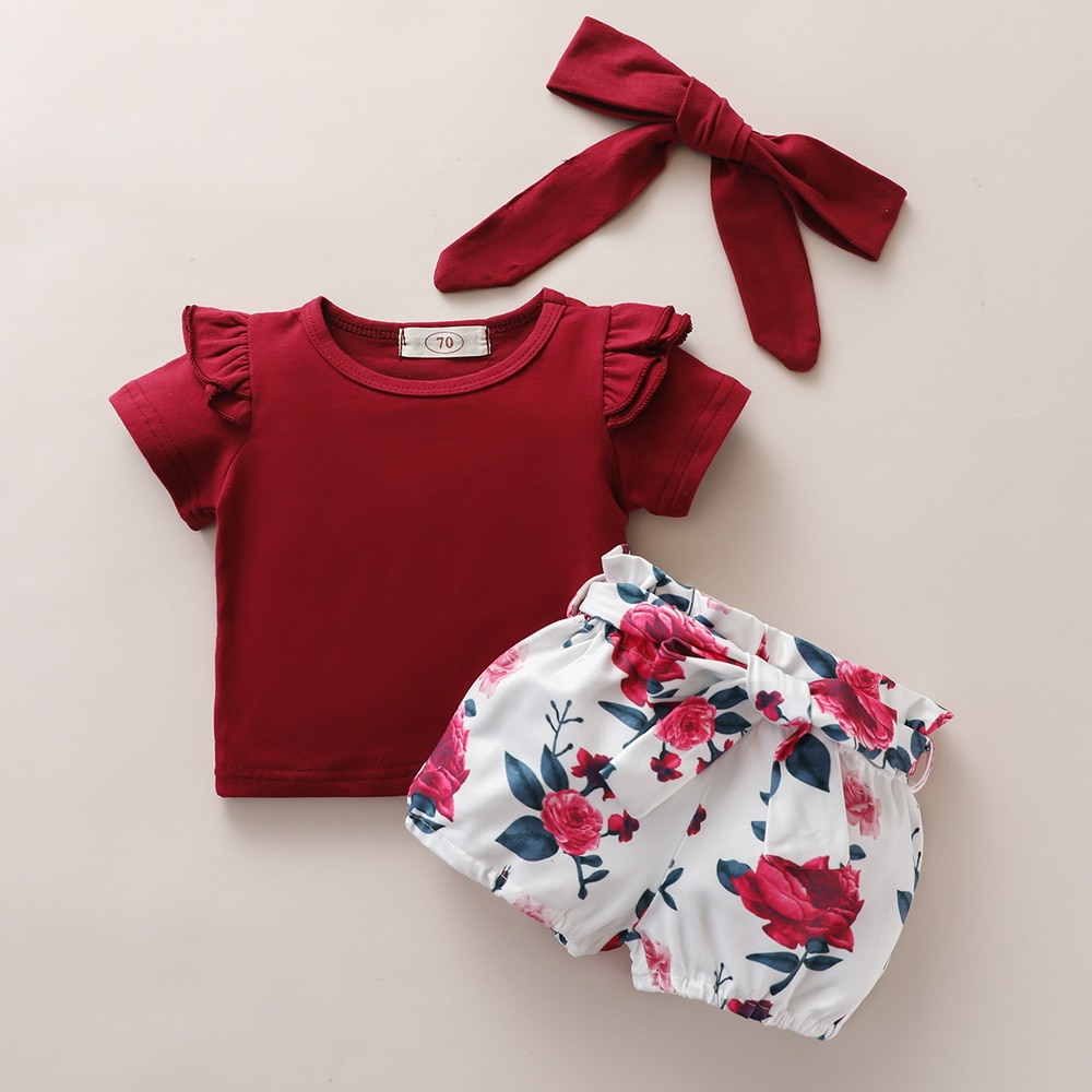 3Pcs Neugeborenen Baby Mädchen Shirt Nette Kleidung Set Body + Hosen Shorts + Turban Outfit Set Kinder Anzug 1-5T Kinder Kleidung: red / 12-18M