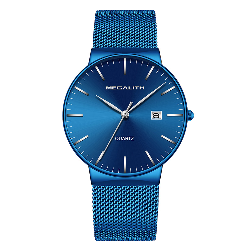 MEGALITH relojes para hombre, reloj de pulsera resistente al agua de lujo, reloj de cuarzo ultrafino para hombre, reloj deportivo Erkek Kol Saati: blue mesh-3