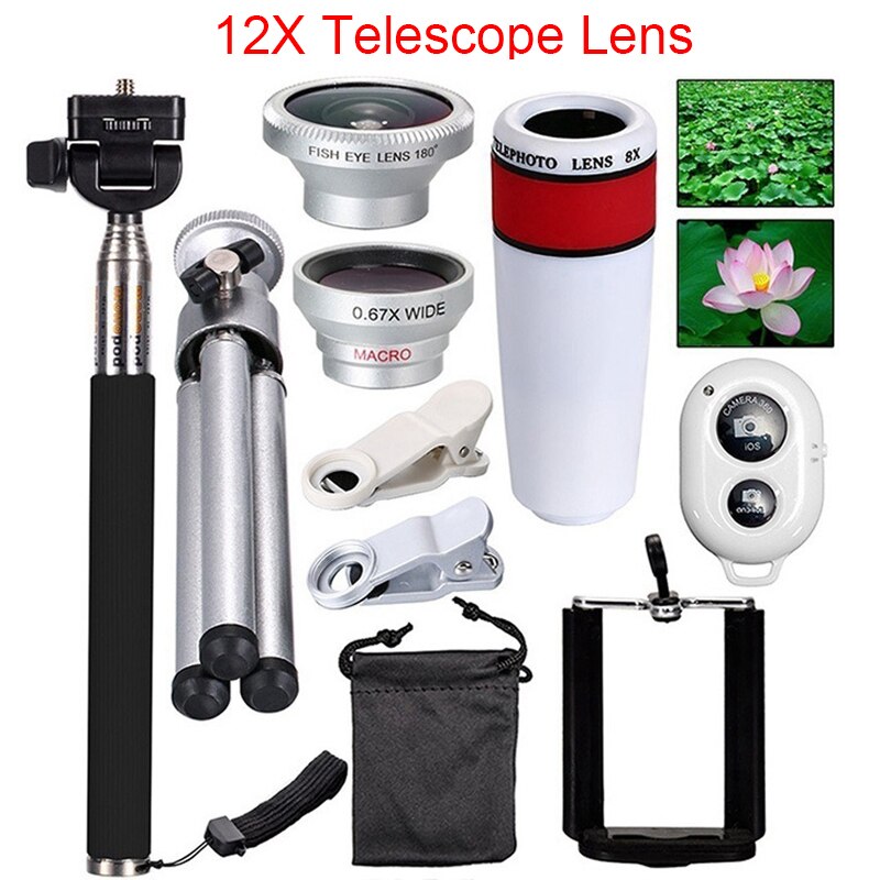 10 in 1 Mobile Phone Camera Lens Kit 12/8X Zoom Telephoto Lens Fish Eye Wide Angle Macro Lens With Selfie Stick Tripod Bluetooth: White- 12X Lens