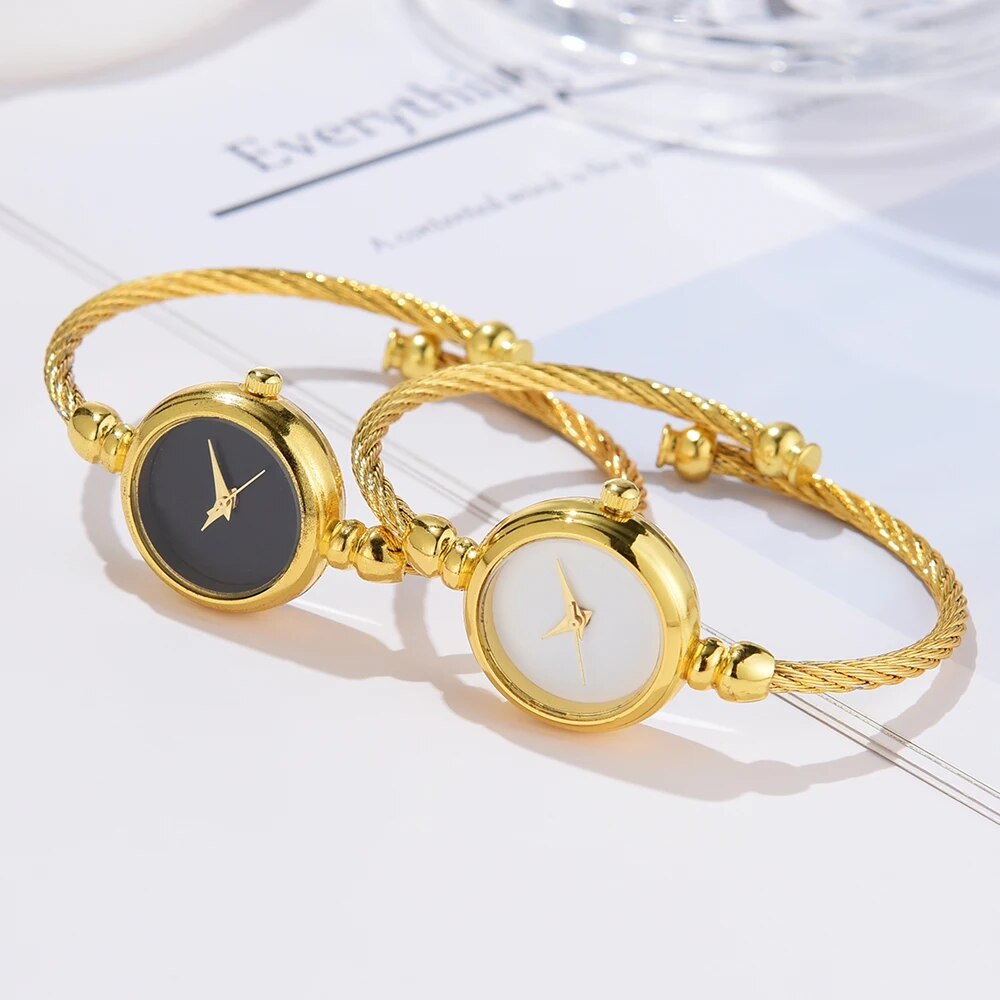 Reloj de lujo con correa fina dorada para mujer, pulsera femenina, 2 piezas, a la